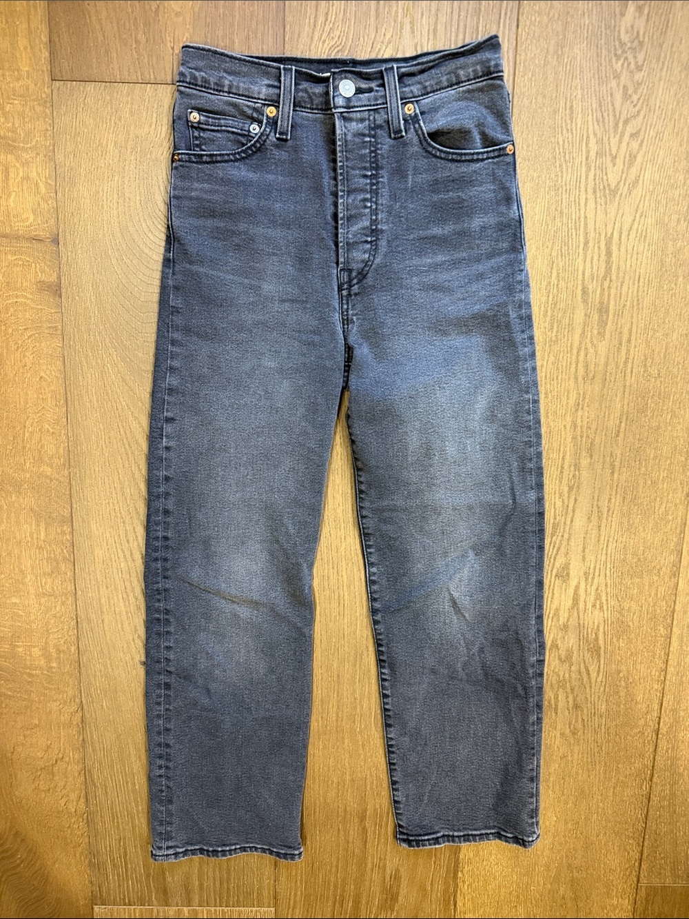 Levi's Ribcage Straight Ankle Jeans Faded Black Wash High Rise